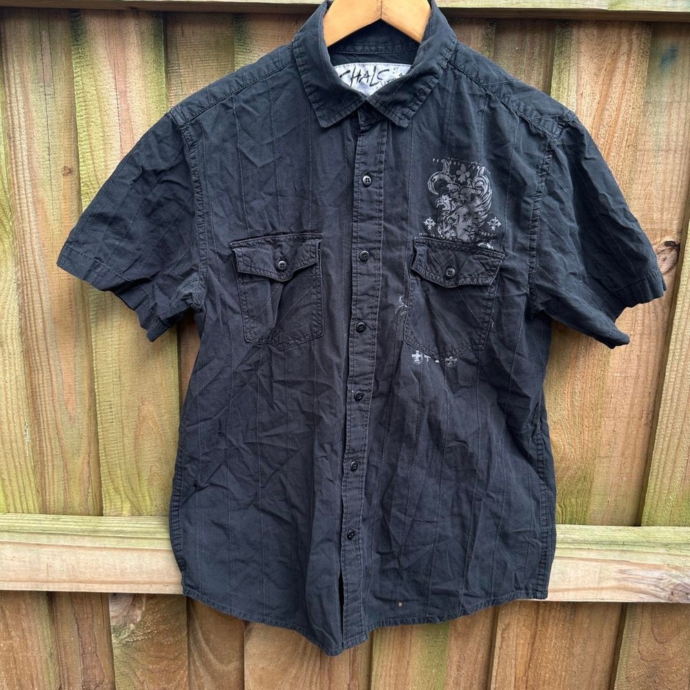 *SOLD* Y2K Chalc Black Graphic Button Up Shirt Size M